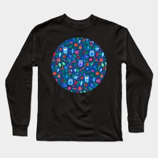 Little Owls and Flowers on deep teal blue Long Sleeve T-Shirt